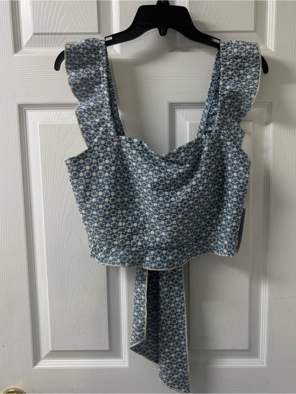 Cottagecore Blue Floral Ruffle Strap Tie-Back Crop Top Women’s Size XL NWT